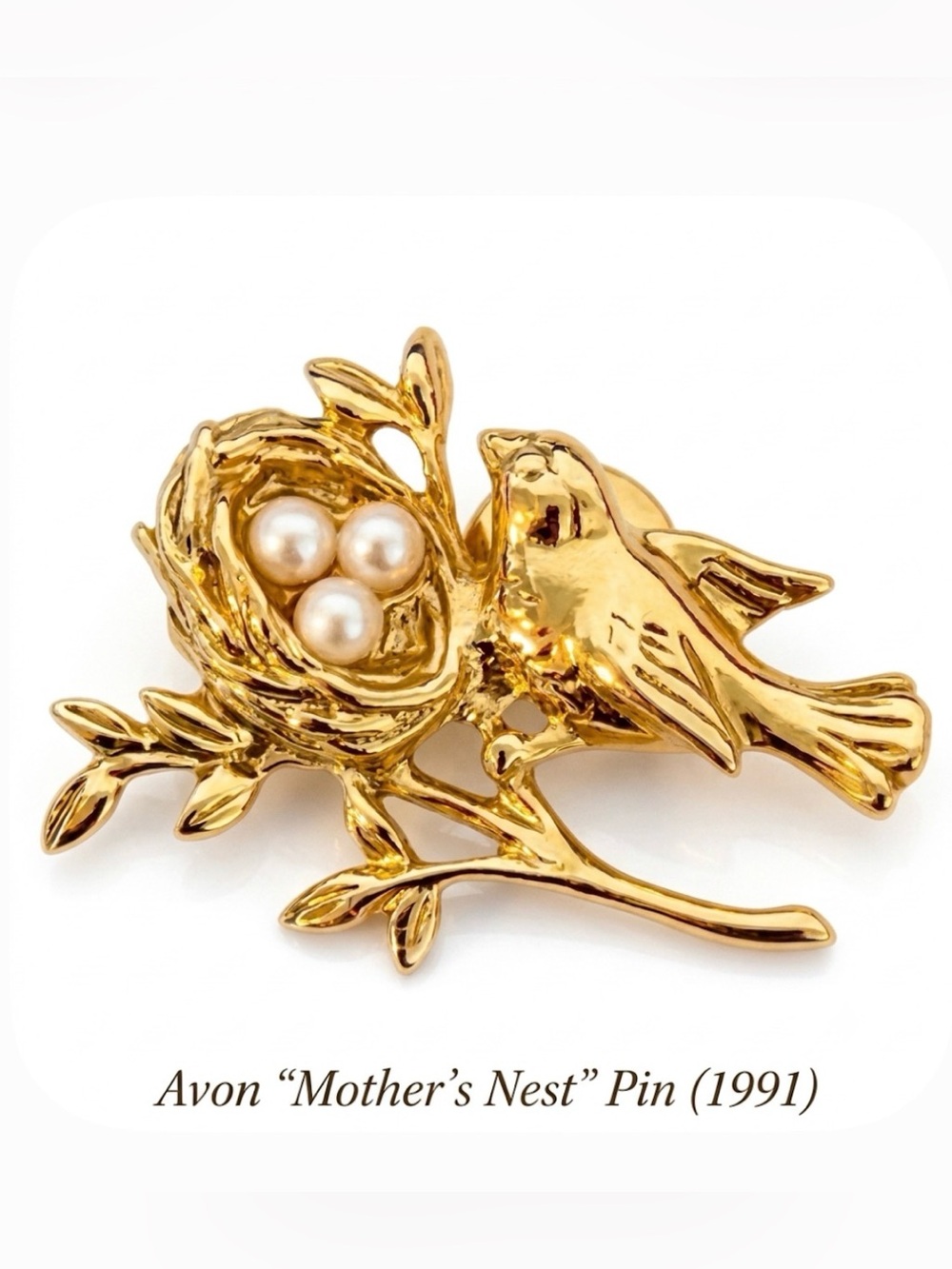 Vintage 1991 Avon Mothers Nest Pin Gold Tone Faux Pearl Bird Brooch